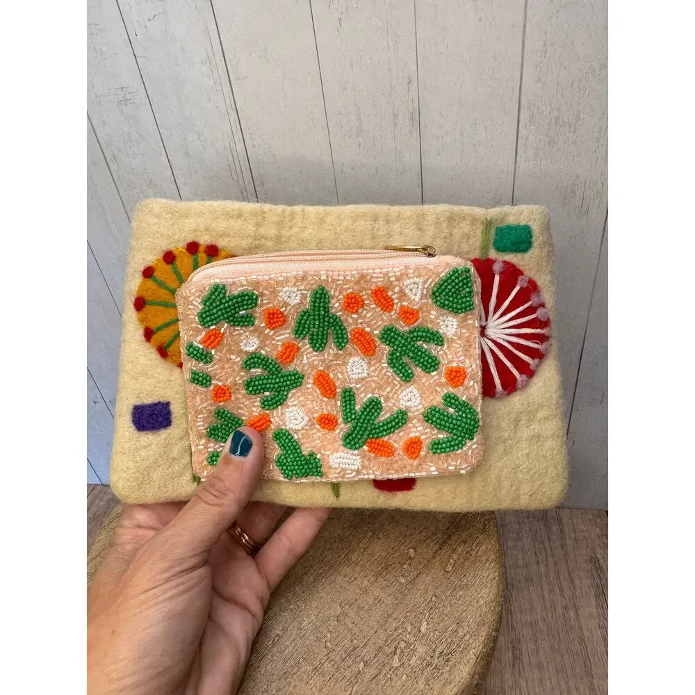 Set of 2 Coin Purses Cactus Coin Purse Felted Wool Boho Flower Bag NEW!